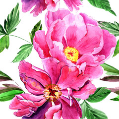 Watercolor pink peonies in a seamless pattern. Can be used as fabric, wallpaper, wrap.