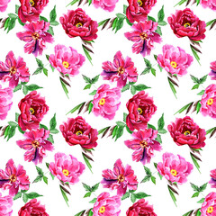Watercolor pink peonies in a seamless pattern. Can be used as fabric, wallpaper, wrap.