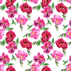 Behang Watercolor pink peonies in a seamless pattern. Can be used as fabric, wallpaper, wrap. © Ulia