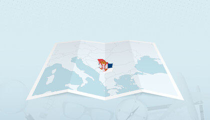 Map of Serbia with the flag of Serbia in the contour of the map on a trip abstract backdrop.