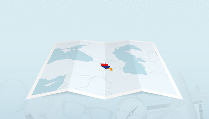 Map of Armenia with the flag of Armenia in the contour of the map on a trip abstract backdrop.