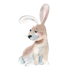 Cute rabbit isolated on white background. Watercolor hand drawn illustration. Perfect for kid cards, baby shower, clothes prints, decals.