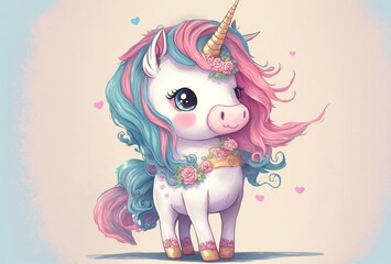 Cartoon white unicorn with a blue-pink mane and flowers, character in a watercolor style.AI generated.