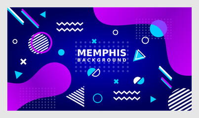 Blue Memphis background with a purple design elements. Colorful abstract backdrop with liquid shapes. Social media template with geometric circle, triangle, dots. Vector illustration, flat, clip art.
