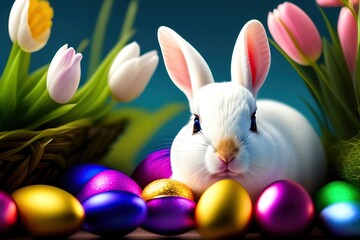 Weißes Kaninchen zwischen Blumen und Ostereiern.