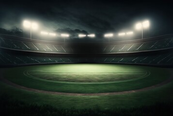 Fototapeta na wymiar universal grass stadium illuminated by spotlights and empty green grass playground. generative ai