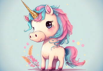 Cartoon white unicorn with a blue-pink mane and flowers, character in a watercolor style.AI generated.
