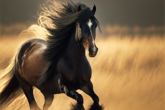 Horse running through a field with its mane flowing in the wind. Generative AI