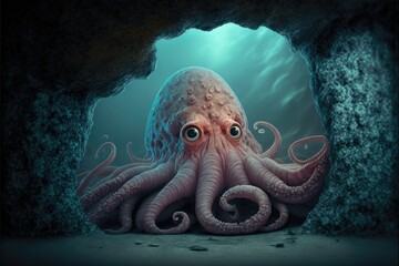 Octopus hiding in a cave. Underwater world. Generative AI