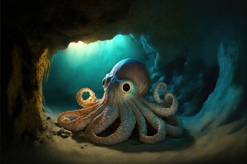 Octopus hiding in a cave. Underwater world. Generative AI