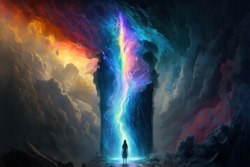 Lucid dream of  Pillar of light, silhouette of human vivid watercolor style illustration generatiev ai