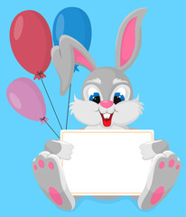 Cartoon rabbit holds a greeting card for a children's holiday. Bright vector illustration with balloons.