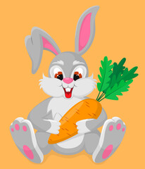 Cheerful cartoon rabbit holds a carrot. Bright vector illustration for children