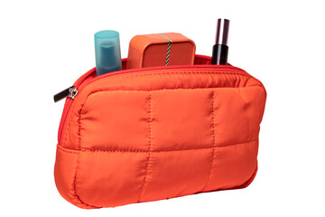 Cosmetic bags isolated. Close-up of a luxury cosmetic travel bag with zipper isolated on a white...