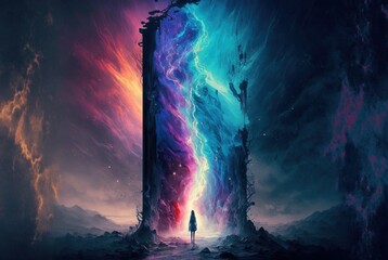 Lucid dream of  Pillar of light, silhouette of human vivid watercolor style illustration generatiev ai