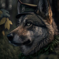 Lone wolf wearing soldier uniform in the forest. Generative AI.