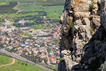 Agriculture valley panoramic landscape from the top of Arbel Cliff. Nature and Mountain. Arbel National park. Nature reserve Low Galilee, Israel