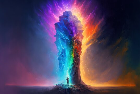 Lucid Dream Of  Pillar Of Light, Silhouette Of Human Vivid Watercolor Style Illustration Generatiev Ai