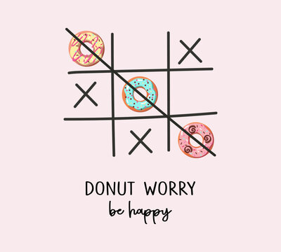 Decorative xox game illustration with cute colorful donuts, vector design for fashion, poster, card and sticker prints