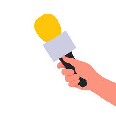 Hand hold news microphone flat vector illustration