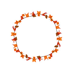 Autumn wreath with oak leaves and flags. Vector illustration of fall garland. Cartoon garland with leaves and flags isolated on white. Thanksgiving decor concept