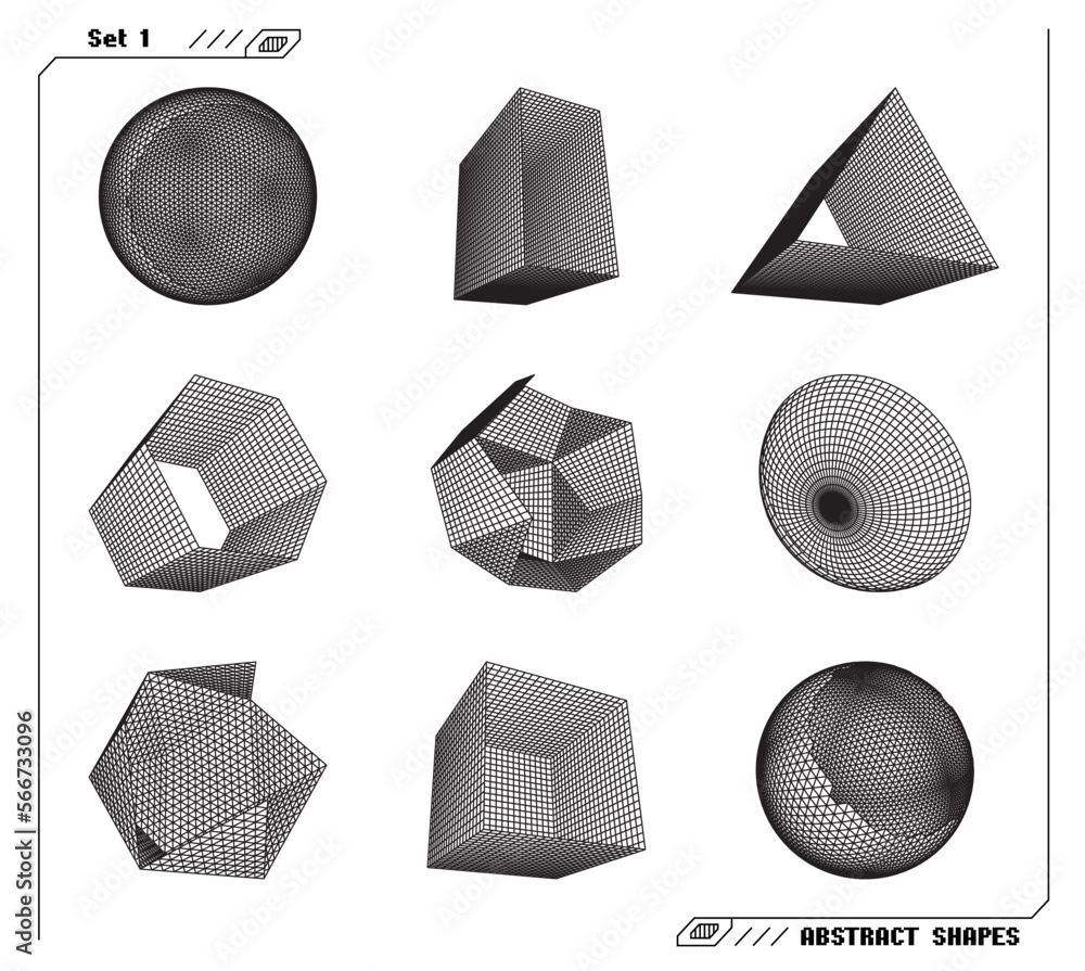 Aufkleber Set of abstract 3d wireframe shapes or elements with open edges. Scientific and geometric abstraction with deformed shapes.