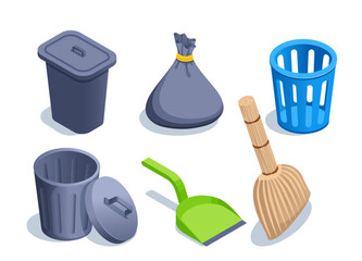 isometric vector illustration on a white background, a set of trash cans with a dustpan and a broom, cleaning or taking out the trash