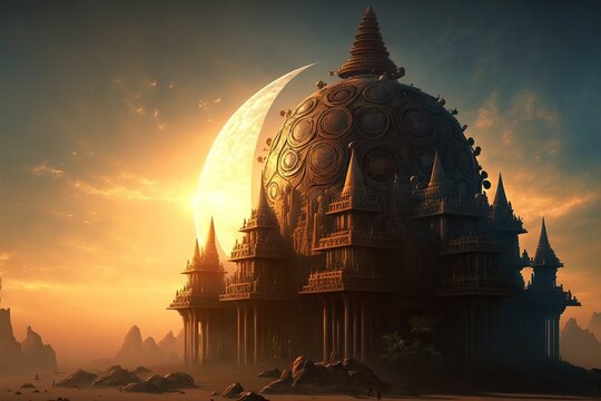 futuristic Hindu temple in desert, crescent moon in  background illustration generative ai
