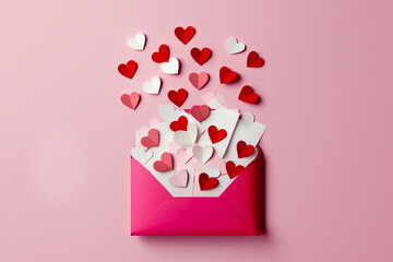 Celebrate the season of love with this gorgeous Saint Valentine's Day card. The top view captures a red envelope with hearts on a pink background. The message of love is written on the envelope