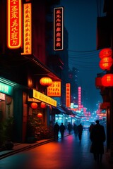 Fototapeta premium Cinematic Chinese street, AI generated illustration
