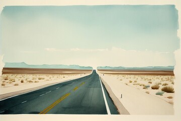 American road. In the middle of nowhere. Watercolour painting.Generative AI art.