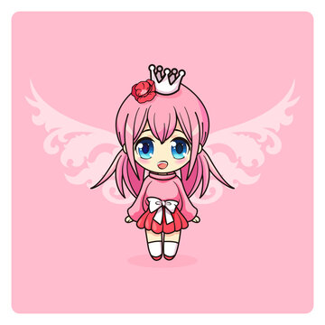 Cute and kawaii princess girl. Manga chibi fairy with crown.
