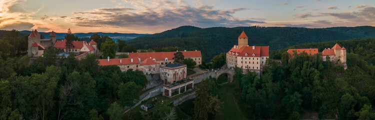 An aerial view of Veveří Castle, located on the banks of the Svratka River in the Czech Republic.