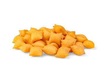 Salty bacon chips isolated on white background. Puff crisps or snacks with spices.