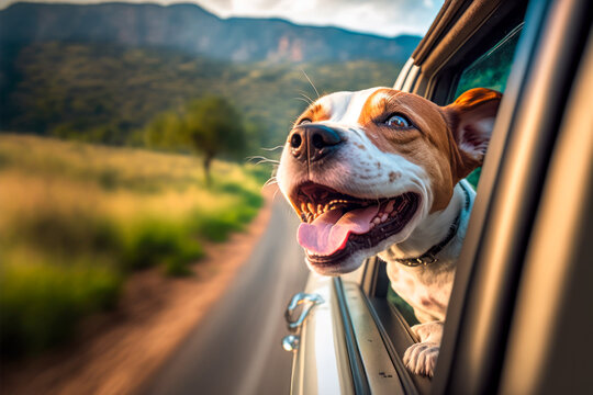 happy dog with head out of the car window having fun, generative ai