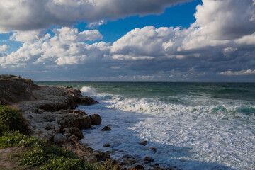 Beautiful seascape. The Black Sea coast. The waves are beating against the rocks. Russia, Crimea.