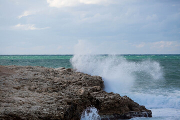 Beautiful seascape. The Black Sea coast. The waves are beating against the rocks. Russia, Crimea.