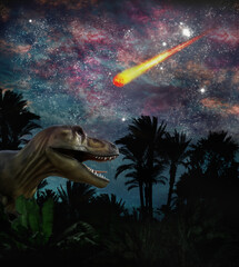 tyrannosaurus watching a meteorite fall on a starry night. The meteorite that wiped out the dinosaurs. © tillottama