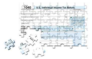A U.S. Federal 1040 income tax form is seen as a jigsaw puzzle with pieces out of place in this image. Transparent background; 