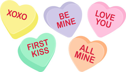 Candy heart sayings, sweethearts, valentines day sweets, sugar food message of love on seasonal holiday, hugs and kisses, be mine, valentine graphic design clip art, pastel bundle set white background