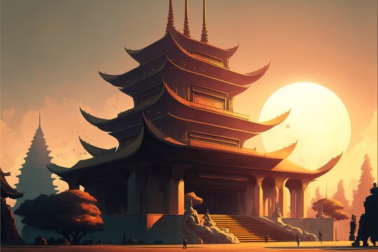 futuristic shendao chinese temple in desert at dawn illustration generative ai