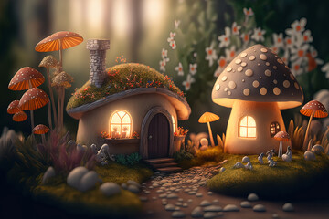 Magic elven houses with fairy tale mushrooms and flowers, fairyland wallpaper, printable beautiful painting. AI generative. - obrazy, fototapety, plakaty
