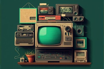 Background with electronics and old objects from the 80s and 90s, retro. Generative AI