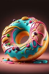 Colorful donut, blue glaze, Delicious glazed donuts on a background of complementary colors, fantasy donuts. 