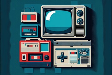 Background with electronics and old objects from the 80s and 90s, retro. Generative AI