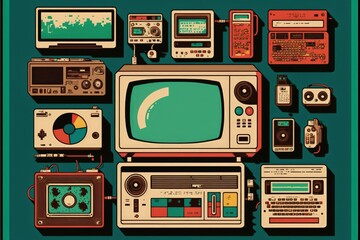 Background with electronics and old objects from the 80s and 90s, retro. Generative AI - obrazy, fototapety, plakaty