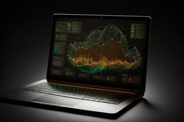 Graph illustration on laptop screen, black background. Generative AI