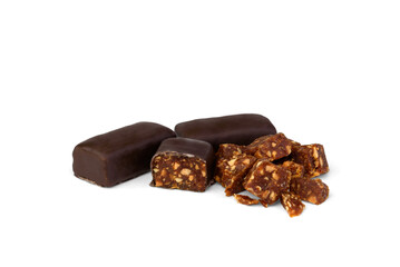 Сandied roasted nuts in chocolate isolated on white background.