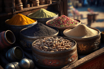 Close up of traditional outdoor arabic spice market with different kinds of spices. Ai generative
