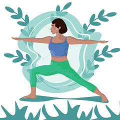 A girl with a short haircut stands in a yoga warrior pose turquoise background